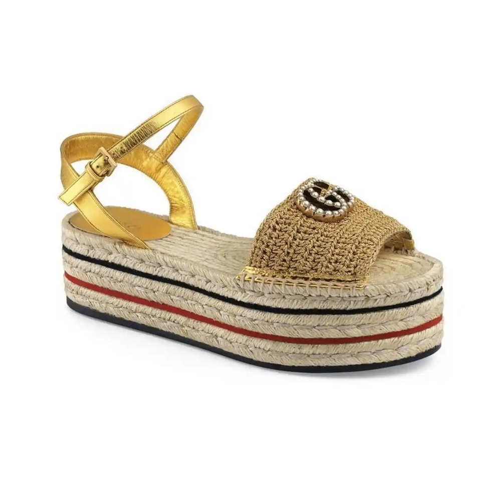 Gucci Lilibeth Gold Crochet Pearl GG Platform Espadrille Size 36 - 6 - 7